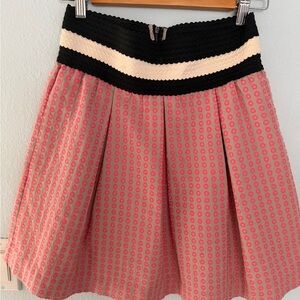 Anthropologie (Maeve)  Pink Patterned Circle Skirt with Black & Cream Waistband